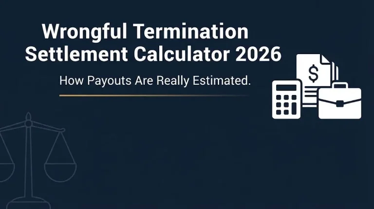 Wrongful termination settlement calculator 2026 banner explaining how payouts are estimated.