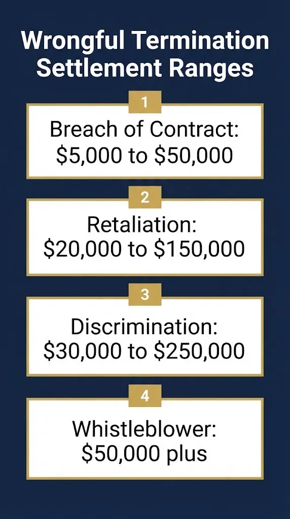 Wrongful termination settlement ranges by case type from breach of contract to whistleblower claims.