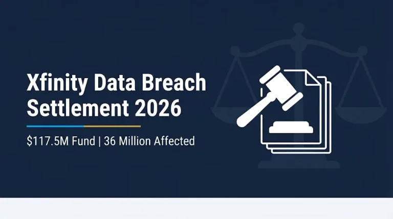 Xfinity data breach settlement 2026 banner showing $117.5M fund and 36 million affected customers.