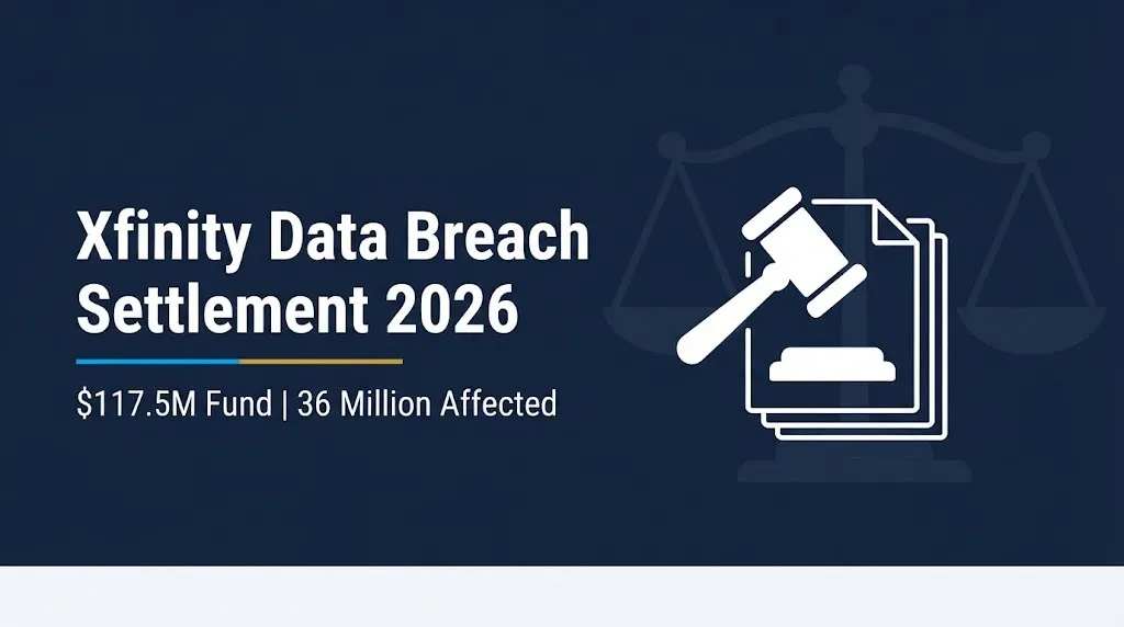 Xfinity data breach settlement 2026 banner showing $117.5M fund and 36 million affected customers.