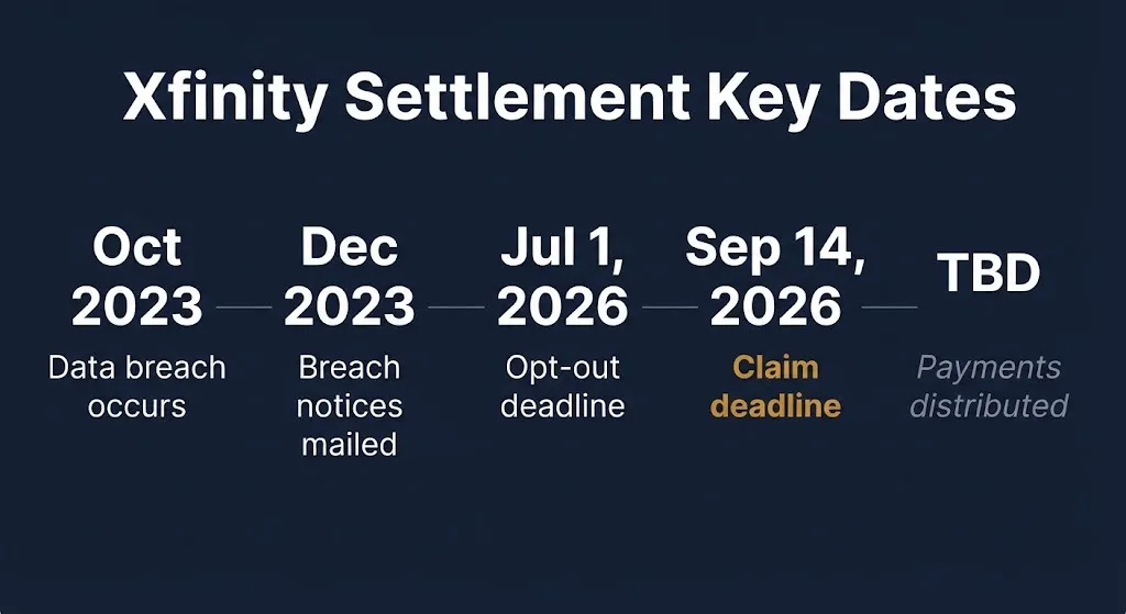 Xfinity data breach settlement timeline showing key dates from breach to claim deadline.