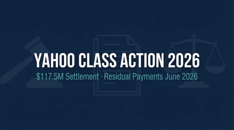 Yahoo class action 2026 hero graphic showing $117.5M settlement and residual payment timing