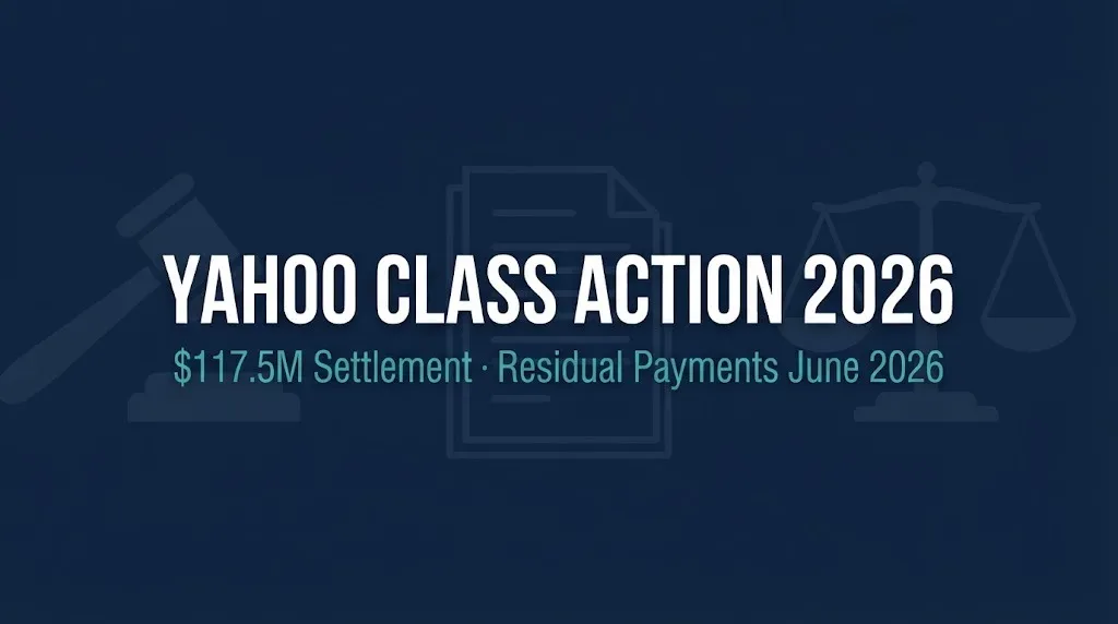 Yahoo class action 2026 hero graphic showing $117.5M settlement and residual payment timing