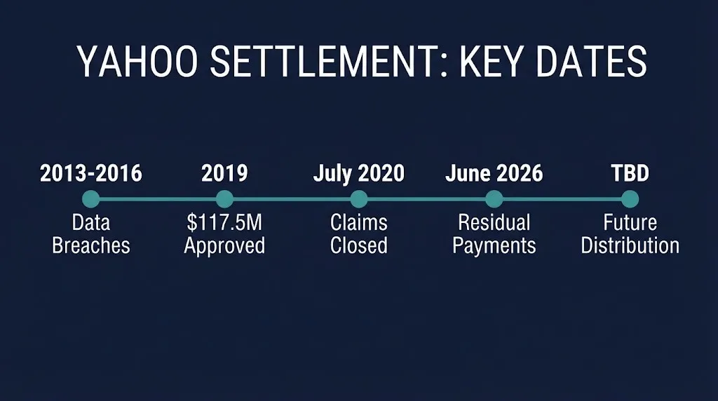 Yahoo class action settlement timeline showing 2013 breaches through 2026 residual payments