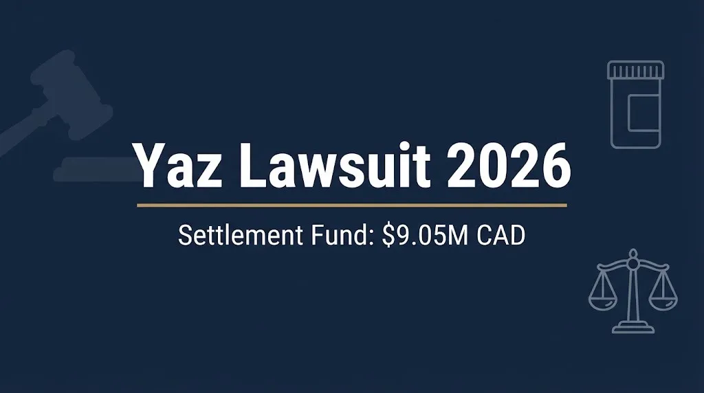 Yaz lawsuit 2026 banner showing $9.05 million CAD Canadian settlement fund