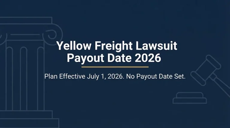 Yellow Freight lawsuit payout date 2026 banner showing plan effective but no payout date set.