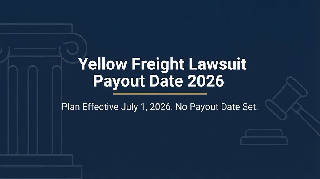 Yellow Freight lawsuit payout date 2026 banner showing plan effective but no payout date set.