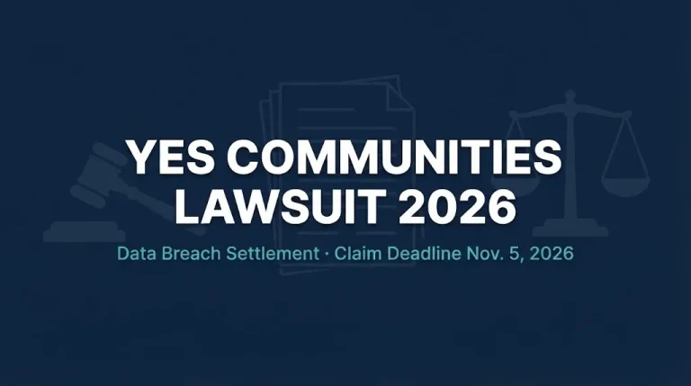 Yes Communities lawsuit 2026 hero graphic showing data breach settlement and claim deadline