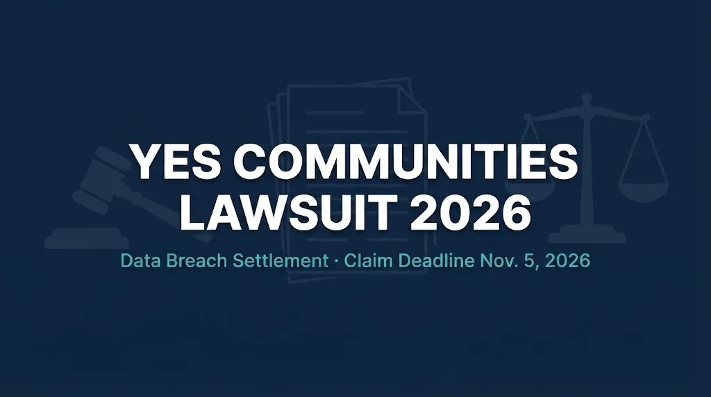 Yes Communities lawsuit 2026 hero graphic showing data breach settlement and claim deadline