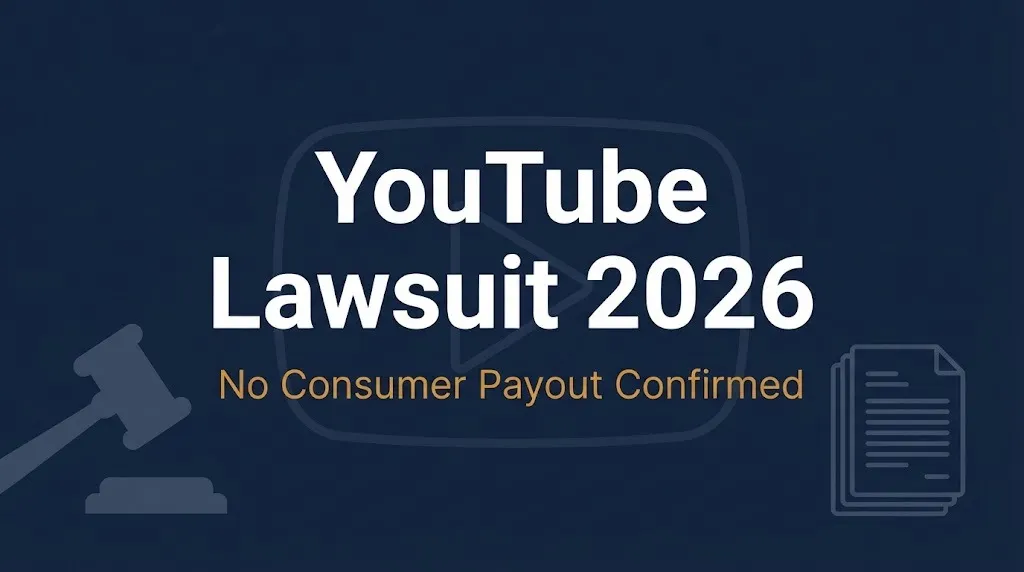YouTube lawsuit 2026 banner showing no confirmed consumer payout