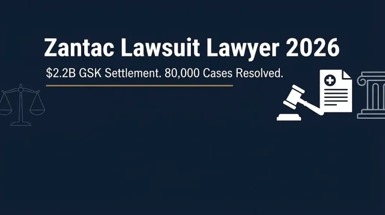Zantac lawsuit lawyer 2026 banner showing $2.2B GSK settlement and 80,000 resolved cases.