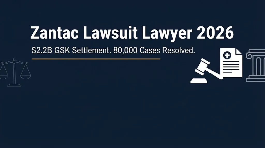 Zantac lawsuit lawyer 2026 banner showing $2.2B GSK settlement and 80,000 resolved cases.