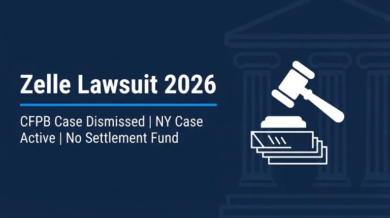 Zelle lawsuit 2026 banner showing CFPB dismissal, active New York case, and no settlement fund status.