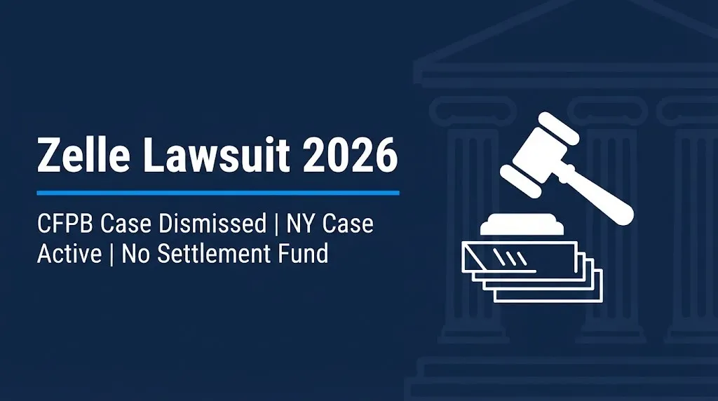 Zelle lawsuit 2026 banner showing CFPB dismissal, active New York case, and no settlement fund status.