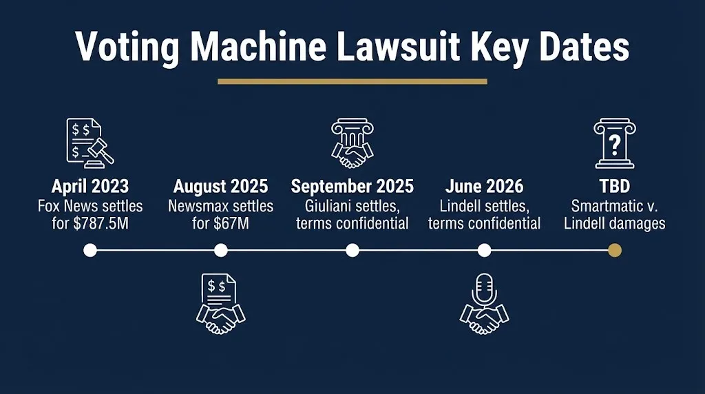Timeline of voting machine lawsuit settlements from Fox News in 2023 to the Lindell dismissal in 2026.