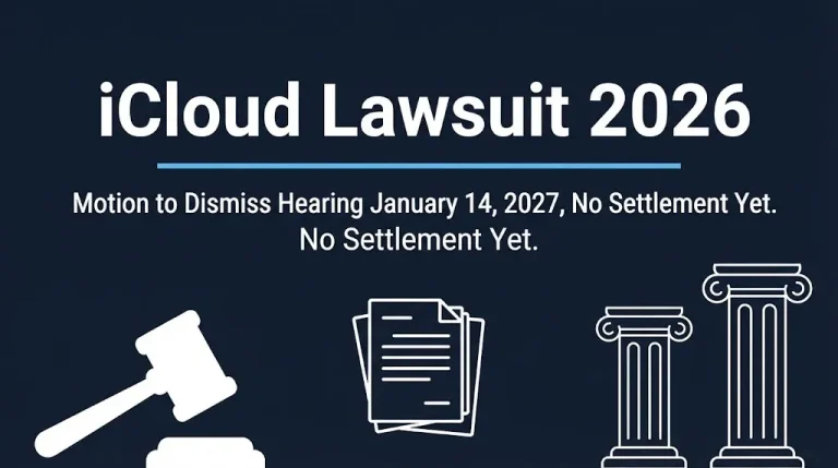 iCloud lawsuit 2026 banner showing motion to dismiss hearing January 14 2027 and no settlement yet.