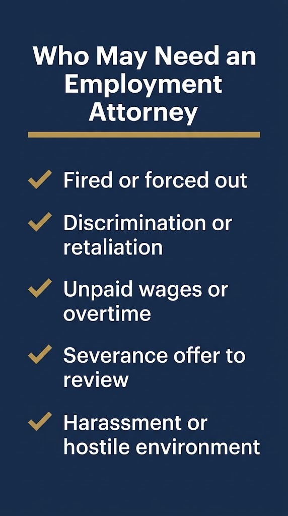 Checklist showing who may need an employment litigation attorney in 2026.