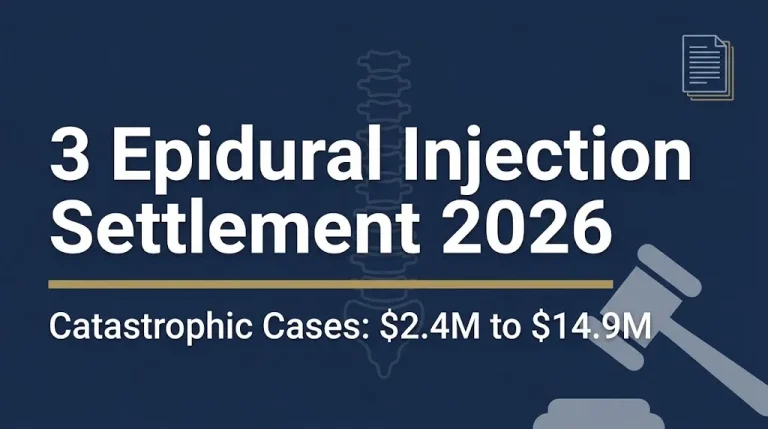 3 epidural injection settlement 2026 banner showing catastrophic case range of $2.4M to $14.9M.