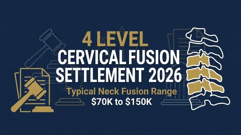 4 level cervical fusion settlement workers compensation 2026 banner showing typical neck fusion payout range.