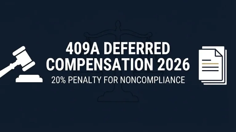 409A deferred compensation 2026 guide showing 20 percent penalty for noncompliance banner