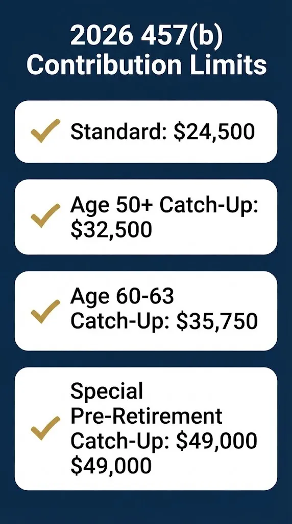 457(b) contribution limits 2026 checklist showing standard and catch-up amounts