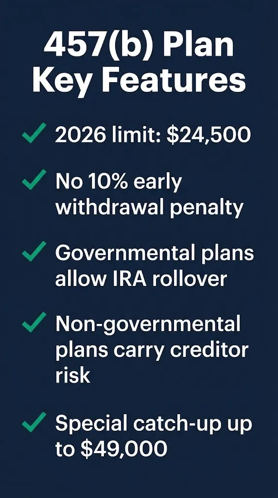 457(b) deferred compensation plan key features checklist showing 2026 limits and withdrawal rules.