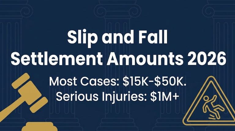 Slip and fall settlement amounts 2026 banner showing typical ranges from $15K to over $1 million for serious injuries.
