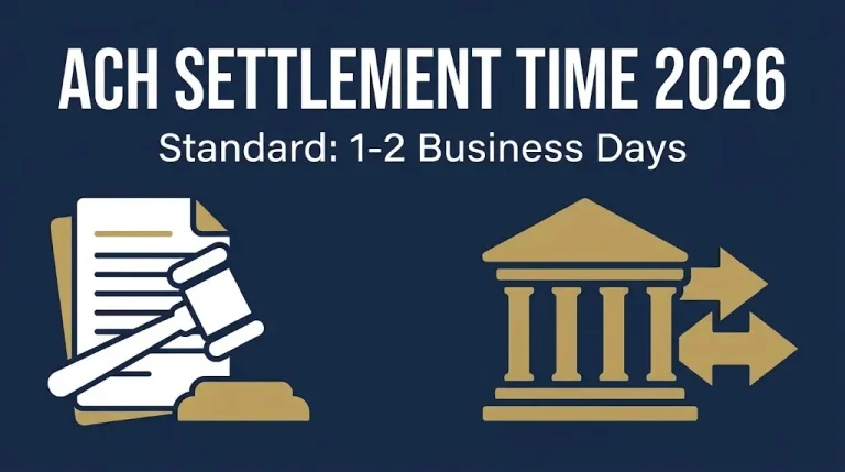 ACH settlement time 2026 banner showing standard transfers take one to two business days.