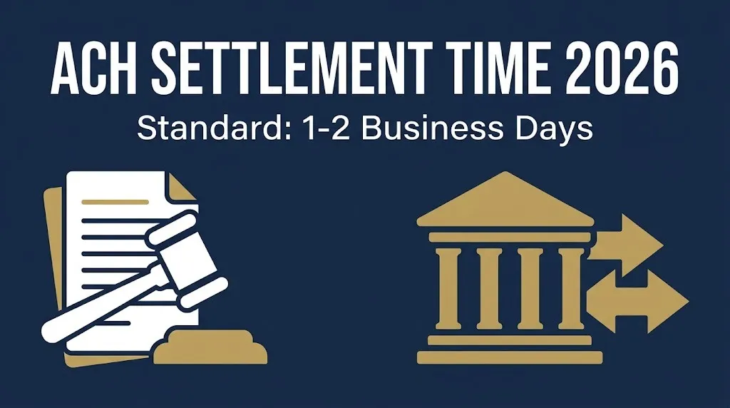 ACH settlement time 2026 banner showing standard transfers take one to two business days.