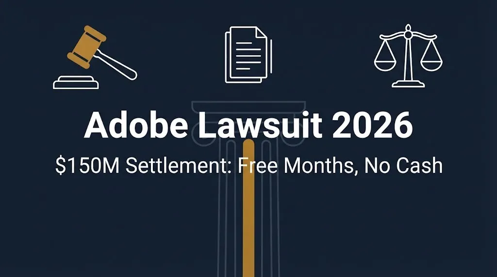 Adobe lawsuit 2026 banner with $150M settlement details and free months benefit explained.