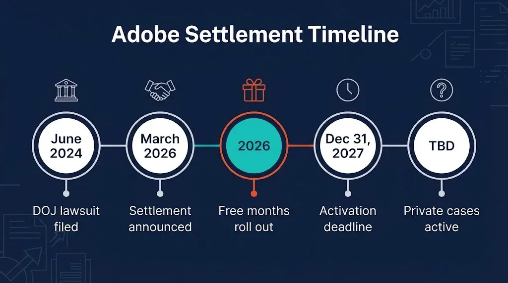 Adobe settlement timeline graphic showing 2024 to 2027 key dates for free months activation.