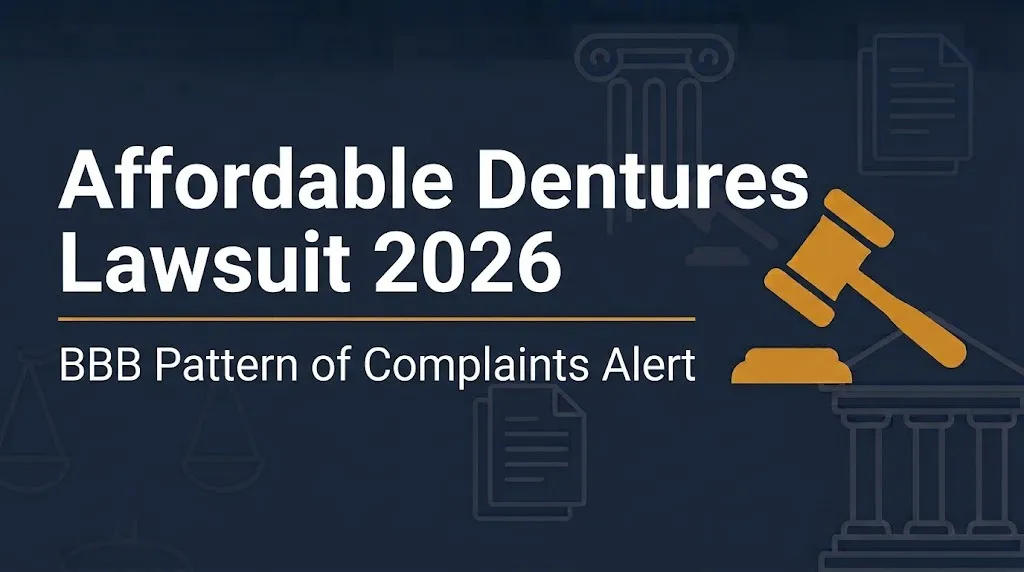 Affordable Dentures lawsuit 2026 banner showing BBB pattern of complaints alert.