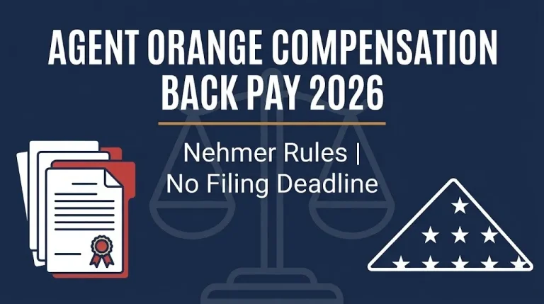 Agent Orange compensation back pay 2026 hero banner with flag, documents, and Nehmer rules reference
