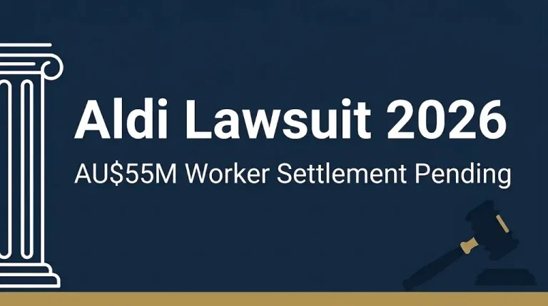 Aldi lawsuit 2026 hero banner with AU$55 million worker settlement headline