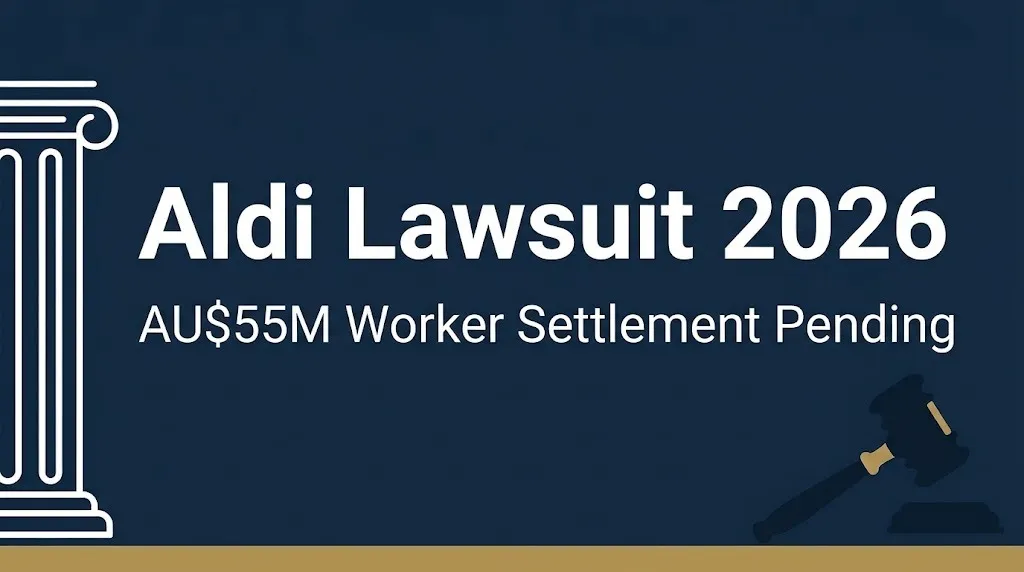 Aldi lawsuit 2026 hero banner with AU$55 million worker settlement headline