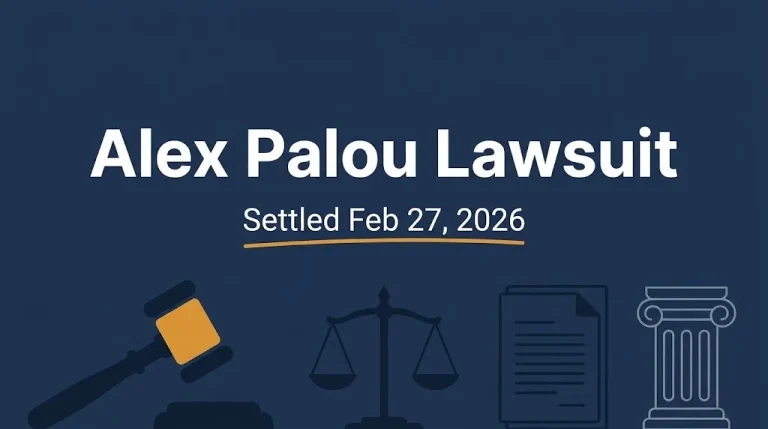 Alex Palou lawsuit banner with gavel and scales, noting the final settlement announced February 27, 2026