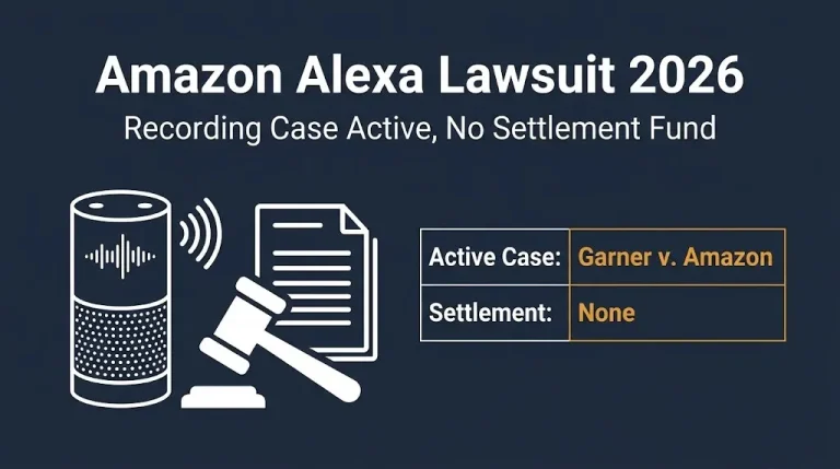 Amazon Alexa lawsuit 2026 hero banner showing active recording case with no settlement fund, court gavel and smart speaker symbols.