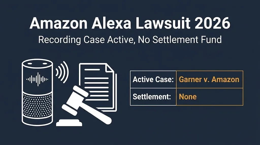 Amazon Alexa lawsuit 2026 hero banner showing active recording case with no settlement fund, court gavel and smart speaker symbols.
