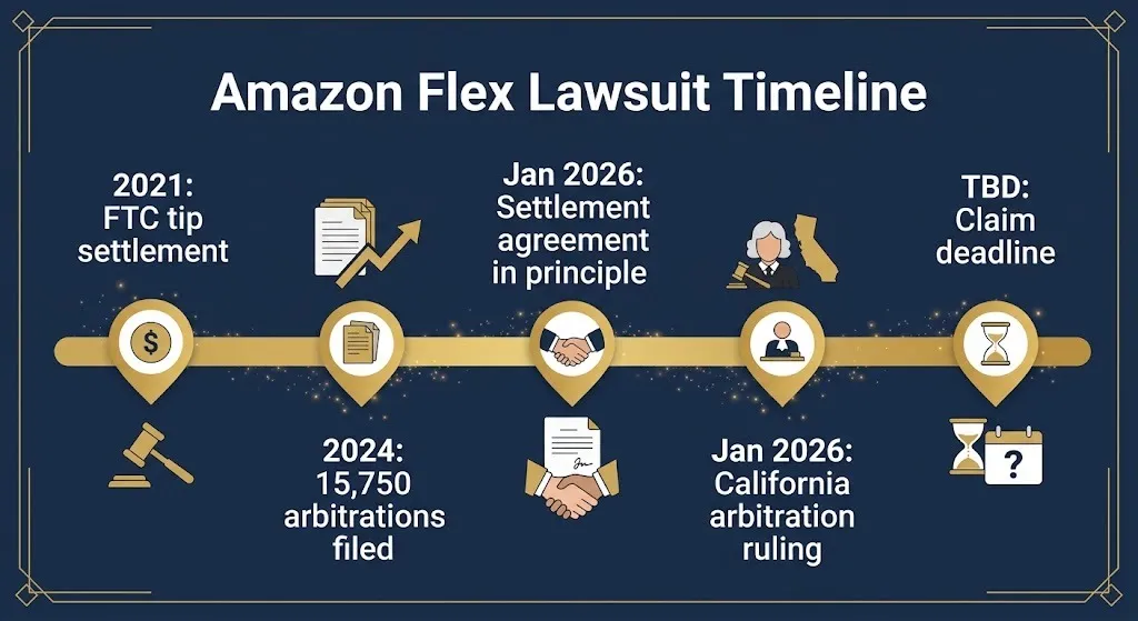 Amazon Flex lawsuit timeline from 2021 FTC settlement to 2026 class action agreement.