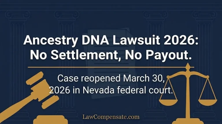Ancestry DNA lawsuit 2026 banner stating no settlement exists and case reopened March 2026
