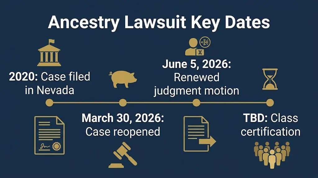 Ancestry DNA lawsuit timeline showing 2020 filing, March 2026 reopening, and pending class certification