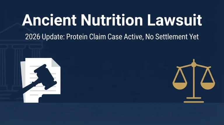 Ancient Nutrition lawsuit 2026 banner with gavel icon and case status update.