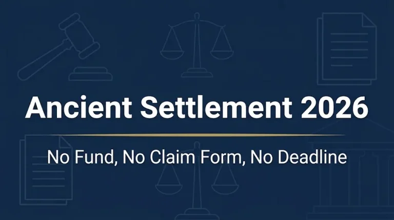 Ancient settlement 2026 banner stating no fund, no claim form, and no deadline exists.