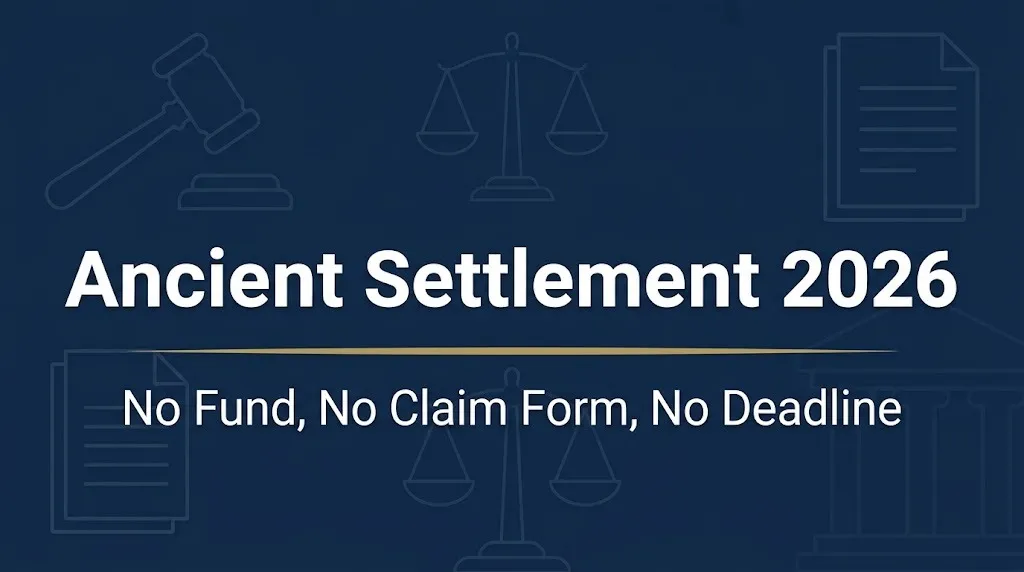 Ancient settlement 2026 banner stating no fund, no claim form, and no deadline exists.