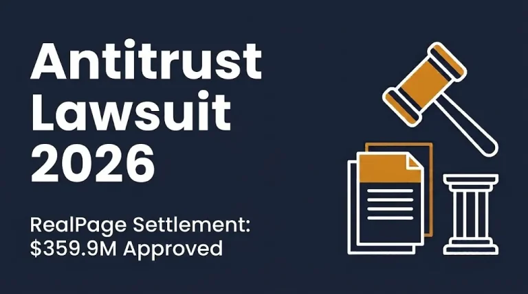 Antitrust lawsuit 2026 banner showing RealPage settlement of $359.9 million approved.