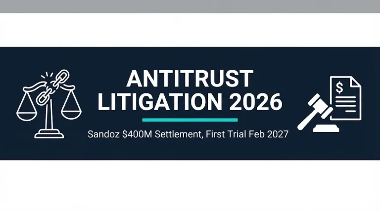 Antitrust litigation 2026 guide banner showing Sandoz settlement and first trial scheduled for February 2027.