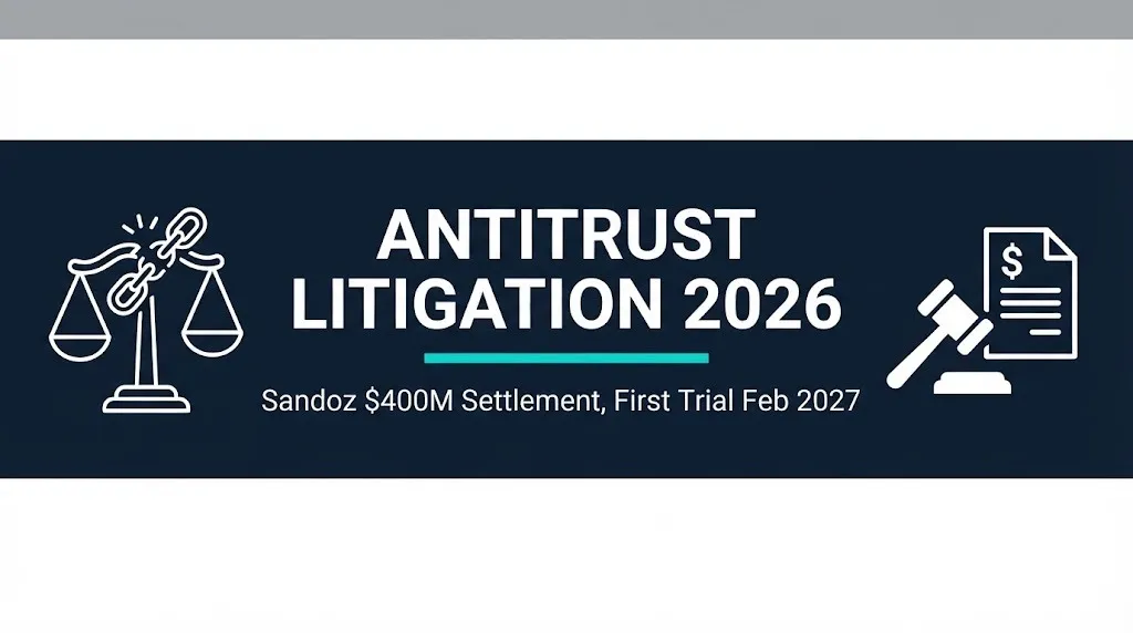 Antitrust litigation 2026 guide banner showing Sandoz settlement and first trial scheduled for February 2027.