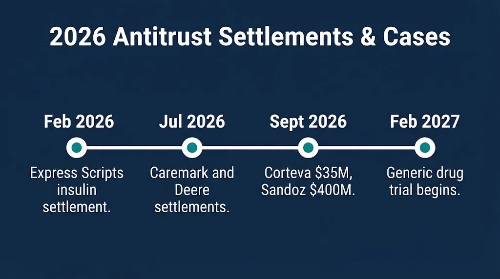 Antitrust litigation timeline graphic showing 2026 settlements from Express Scripts to Sandoz and the 2027 trial date.
