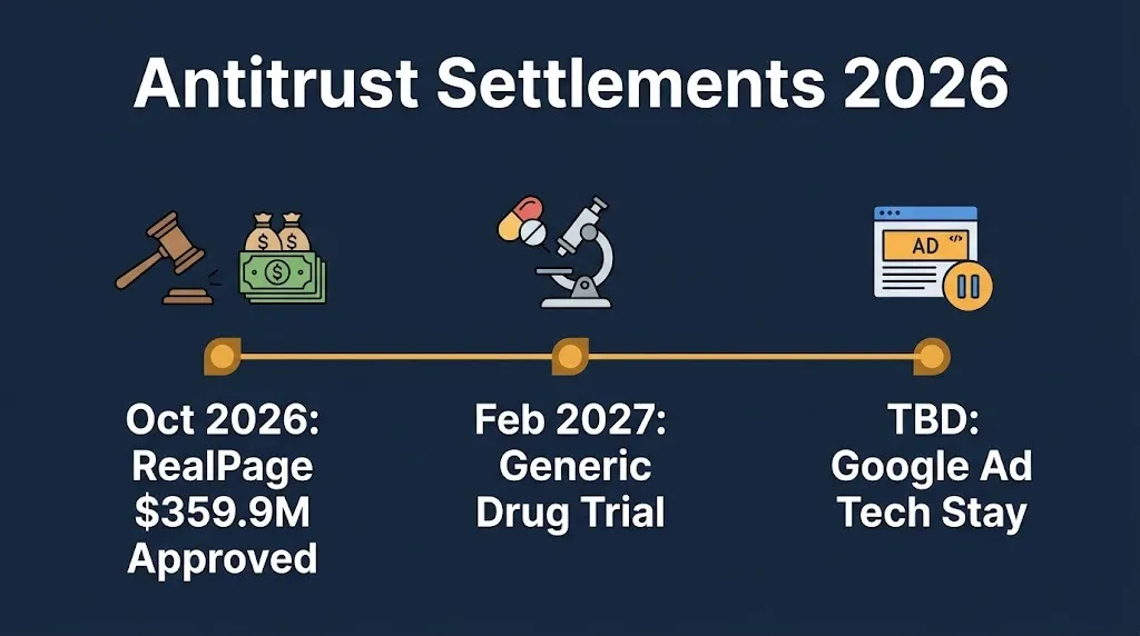 Antitrust settlements 2026 timeline showing RealPage approval and upcoming generic drug trial.