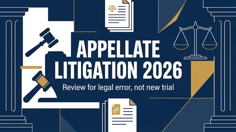 Appellate litigation 2026 banner explaining review for legal error, not a new trial.